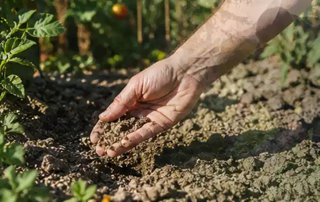 Hand prüft trockene krümelige Gartenerde während einer warmen Sommerphase; Thema Bewässerungspumpen, Schwerpunkt Nachhaltigkeit; Praxisalltag.
