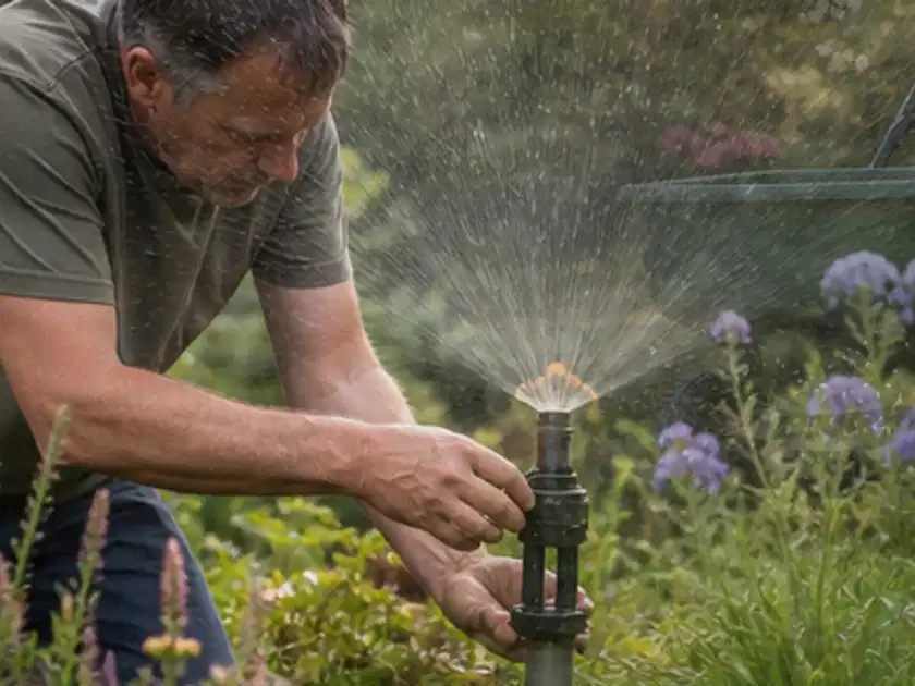 Person richtet einen laufenden Gartensprenger zwischen Stauden präzise aus; Thema Bewässerungspumpen, Schwerpunkt Reinigung; Titelbild.