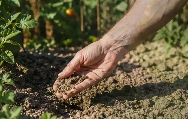Hand prüft trockene krümelige Gartenerde während einer warmen Sommerphase; Thema Bewässerungspumpen, Schwerpunkt Reparatur; Kontrolle.