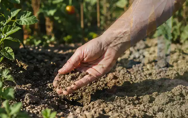 Hand prüft trockene krümelige Gartenerde während einer warmen Sommerphase; Thema Bewässerungspumpen, Schwerpunkt Sicherheit; Ausgangslage.