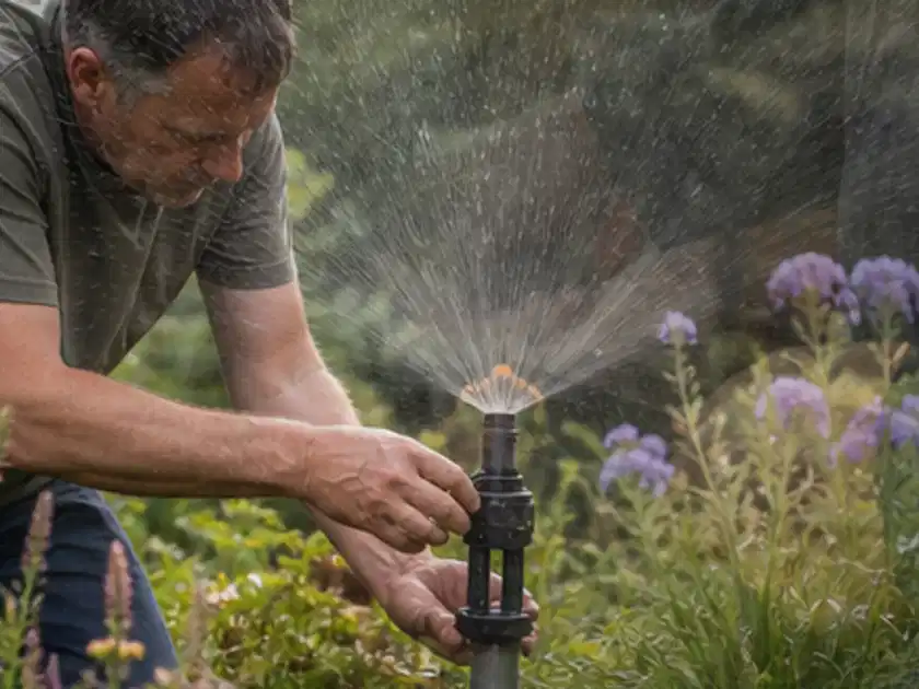 Person richtet einen laufenden Gartensprenger zwischen Stauden präzise aus; Thema Bewässerungspumpen, Schwerpunkt Systemvergleich; Titelbild.