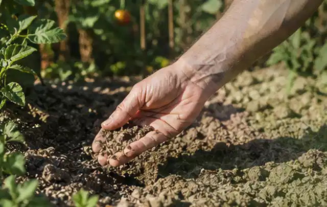 Hand prüft trockene krümelige Gartenerde während einer warmen Sommerphase; Thema Bewässerungspumpen, Schwerpunkt Testkriterien; Praxisalltag.
