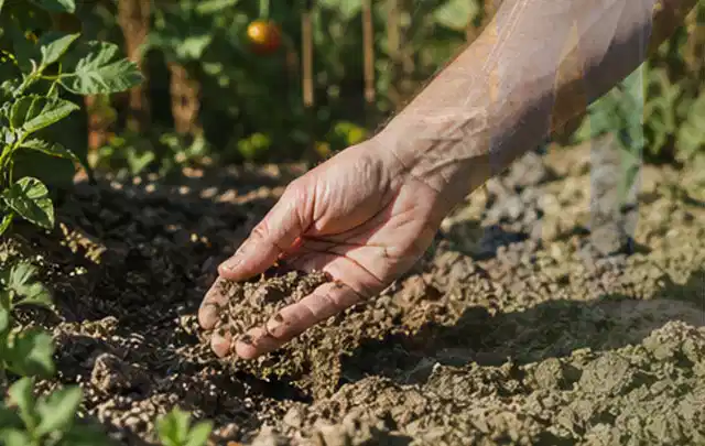 Hand prüft trockene krümelige Gartenerde während einer warmen Sommerphase; Thema Bewässerungspumpen, Schwerpunkt Vergleich; Kontrolle.