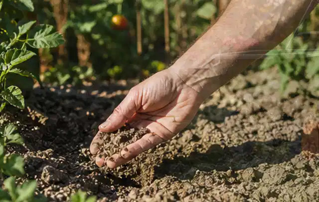 Hand prüft trockene krümelige Gartenerde während einer warmen Sommerphase; Thema Bewässerungspumpen, Schwerpunkt Wartung; Praxisalltag.