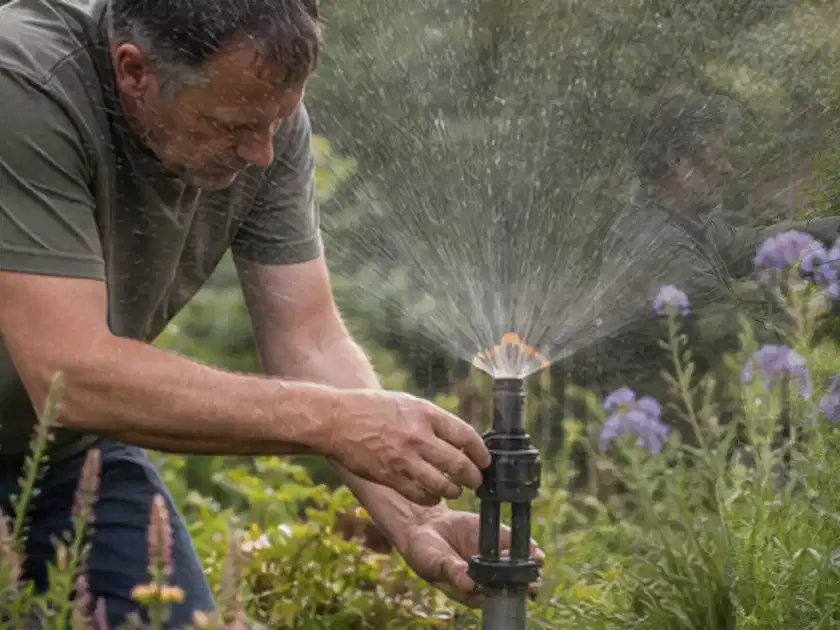 Person richtet einen laufenden Gartensprenger zwischen Stauden präzise aus; Thema Bewässerungspumpen, Schwerpunkt Winterlager; Titelbild.