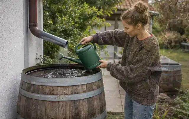 Person kontrolliert ein gefülltes Regenfass unter einem Fallrohr am Haus; Thema Bewässerungspumpen, Schwerpunkt Winterlager; Praxisalltag.