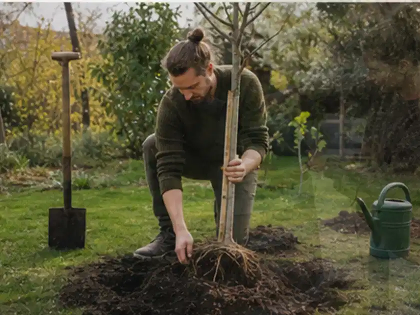 Person setzt einen jungen Zierbaum in ein vorbereitetes Pflanzloch im Garten; Thema Birnbäume, Schwerpunkt Aussaat; Titelbild.