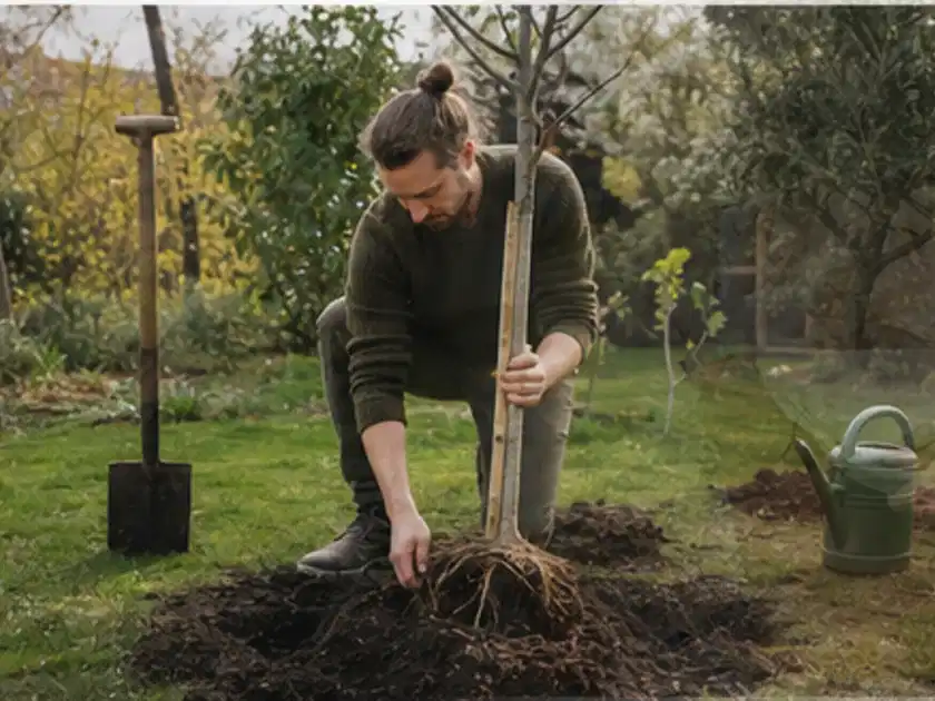 Person setzt einen jungen Zierbaum in ein vorbereitetes Pflanzloch im Garten; Thema Birnbäume, Schwerpunkt Bewässerung; Titelbild.