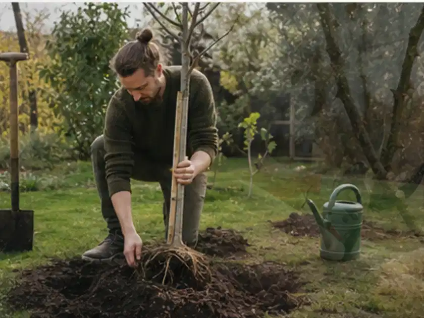 Person setzt einen jungen Zierbaum in ein vorbereitetes Pflanzloch im Garten; Thema Birnbäume, Schwerpunkt Boden; Titelbild.