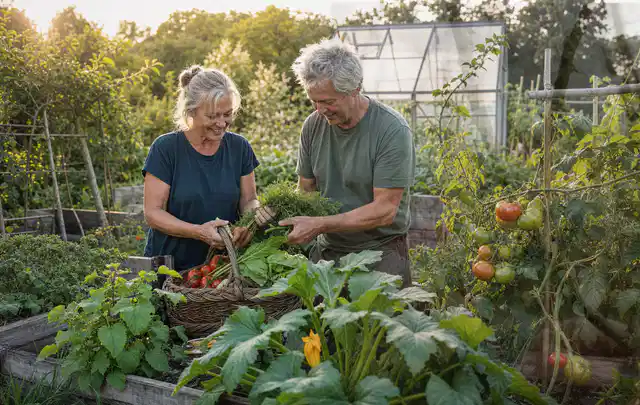 Zwei Personen ernten gemeinsam Gemüse in einem sonnigen Nutzgarten; Thema Birnbäume, Schwerpunkt Boden; Ausgangslage.