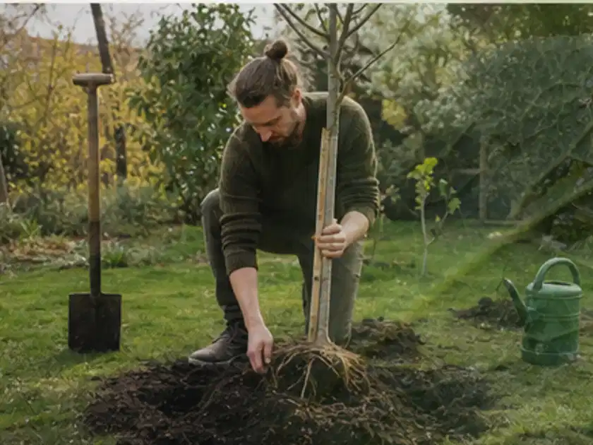 Person setzt einen jungen Zierbaum in ein vorbereitetes Pflanzloch im Garten; Thema Birnbäume, Schwerpunkt Ernte; Titelbild.