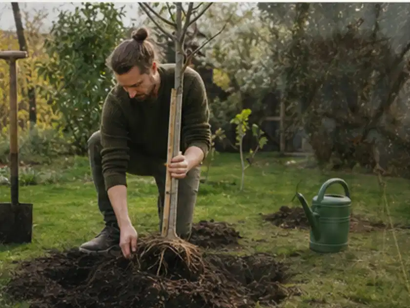Person setzt einen jungen Zierbaum in ein vorbereitetes Pflanzloch im Garten; Thema Birnbäume, Schwerpunkt Ernteprobleme; Titelbild.