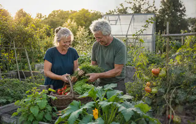 Zwei Personen ernten gemeinsam Gemüse in einem sonnigen Nutzgarten; Thema Birnbäume, Schwerpunkt Gesundheit; Praxisalltag.