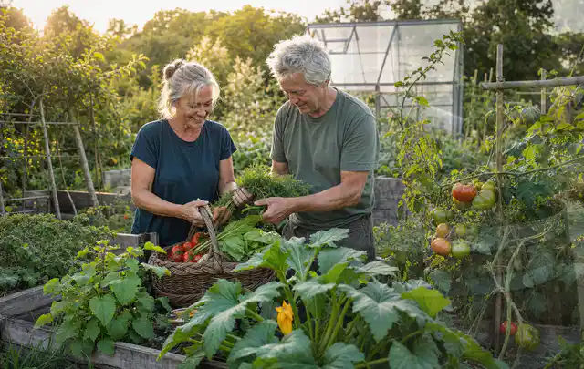Zwei Personen ernten gemeinsam Gemüse in einem sonnigen Nutzgarten; Thema Birnbäume, Schwerpunkt Hochbeet; Praxisalltag.