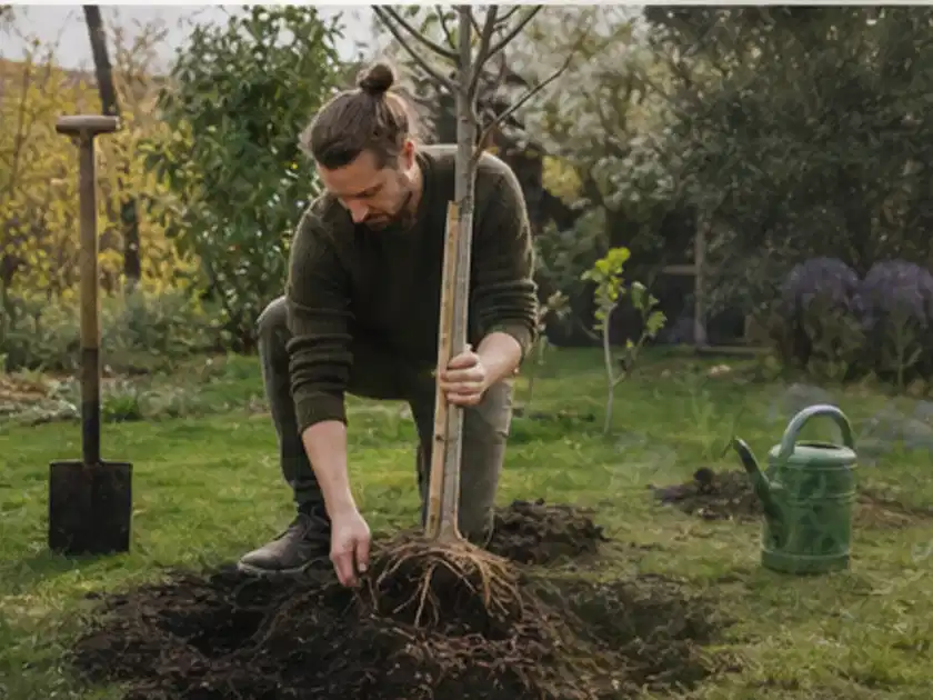 Person setzt einen jungen Zierbaum in ein vorbereitetes Pflanzloch im Garten; Thema Birnbäume, Schwerpunkt Lagerung; Titelbild.