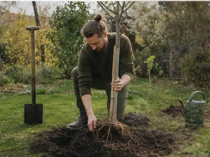 Person setzt einen jungen Zierbaum in ein vorbereitetes Pflanzloch im Garten; Thema Birnbäume, Schwerpunkt Nährstoffe; Titelbild.