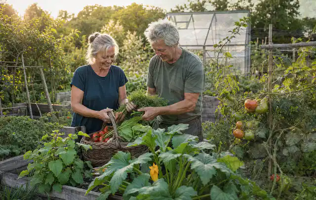 Zwei Personen ernten gemeinsam Gemüse in einem sonnigen Nutzgarten; Thema Birnbäume, Schwerpunkt Sortenwahl; Ausgangslage.