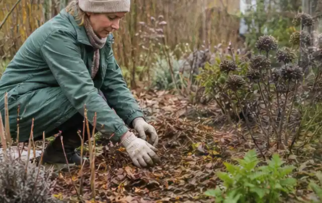 Person verteilt eine schützende Mulchschicht zwischen winterlichen Stauden; Thema Blattläuse, Schwerpunkt Bestimmung; Umsetzung.