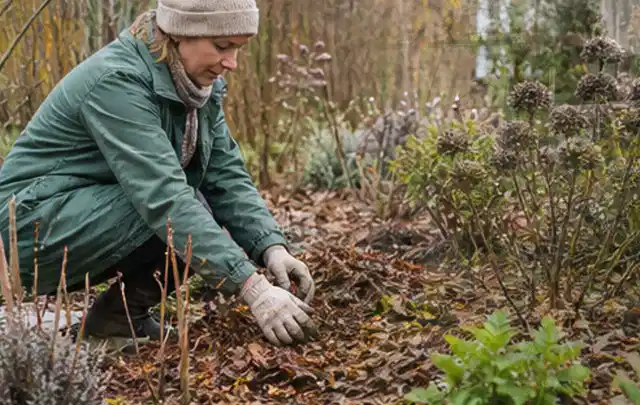 Person verteilt eine schützende Mulchschicht zwischen winterlichen Stauden; Thema Blattläuse, Schwerpunkt Biologie; Ausgangslage.