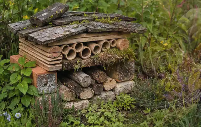 Naturnaher Unterschlupf aus Holz Rinde und Pflanzenstängeln im Garten; Thema Blattläuse, Schwerpunkt Biologie; Umsetzung.