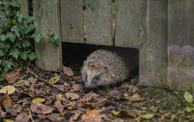 Igel nutzt einen bodennahen Durchgang unter einem hölzernen Gartenzaun; Thema Blattläuse, Schwerpunkt Fehlerhilfe; Kontrolle.