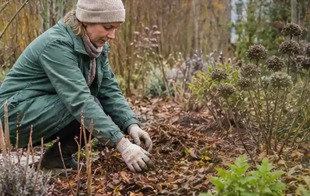 Person verteilt eine schützende Mulchschicht zwischen winterlichen Stauden; Thema Blattläuse, Schwerpunkt Fehlerhilfe; Praxisalltag.