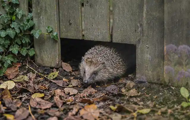 Igel nutzt einen bodennahen Durchgang unter einem hölzernen Gartenzaun; Thema Blattläuse, Schwerpunkt Gewächshaus; Praxisalltag.