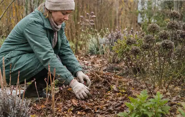 Person verteilt eine schützende Mulchschicht zwischen winterlichen Stauden; Thema Blattläuse, Schwerpunkt Giftfreie Hilfe; Ausgangslage.