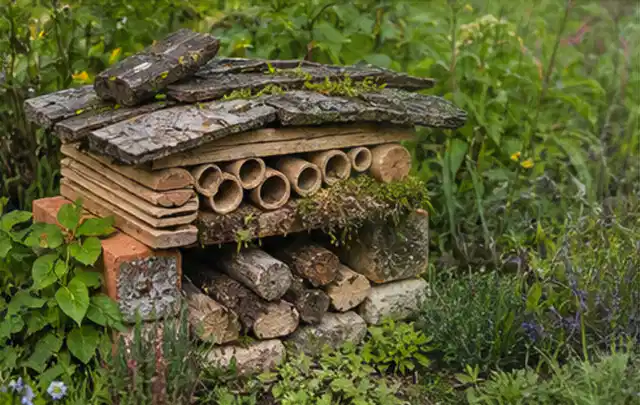Naturnaher Unterschlupf aus Holz Rinde und Pflanzenstängeln im Garten; Thema Blattläuse, Schwerpunkt Giftfreie Hilfe; Kontrolle.