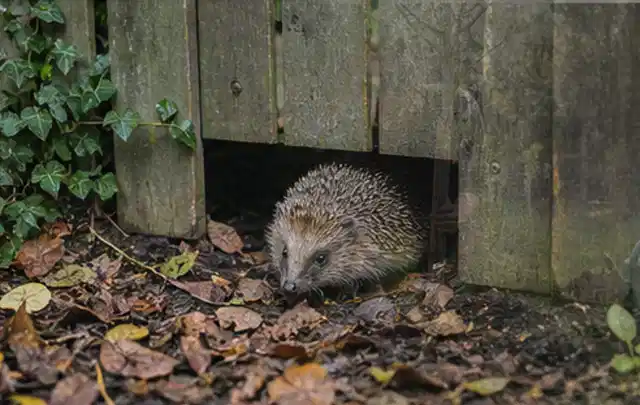 Igel nutzt einen bodennahen Durchgang unter einem hölzernen Gartenzaun; Thema Blattläuse, Schwerpunkt Natürliche Bekämpfung; Kontrolle.