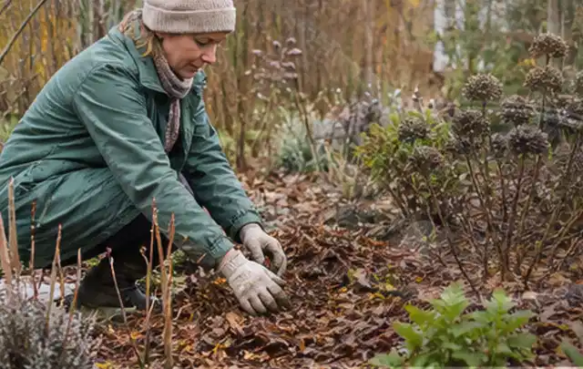 Person verteilt eine schützende Mulchschicht zwischen winterlichen Stauden; Thema Blattläuse, Schwerpunkt Natürliche Bekämpfung; Praxisalltag.