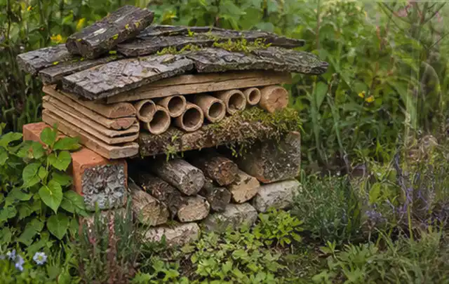 Naturnaher Unterschlupf aus Holz Rinde und Pflanzenstängeln im Garten; Thema Blattläuse, Schwerpunkt Nützlinge; Ausgangslage.