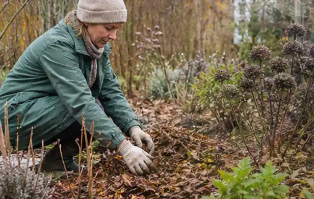 Person verteilt eine schützende Mulchschicht zwischen winterlichen Stauden; Thema Blattläuse, Schwerpunkt Nützlinge; Umsetzung.
