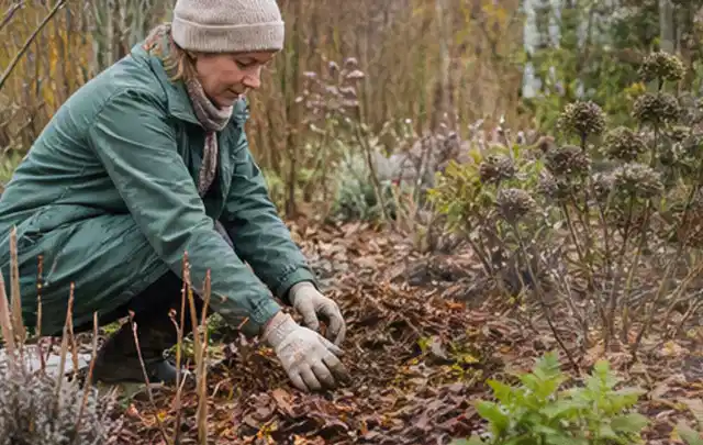 Person verteilt eine schützende Mulchschicht zwischen winterlichen Stauden; Thema Blattläuse, Schwerpunkt Pflanzenhilfe; Umsetzung.