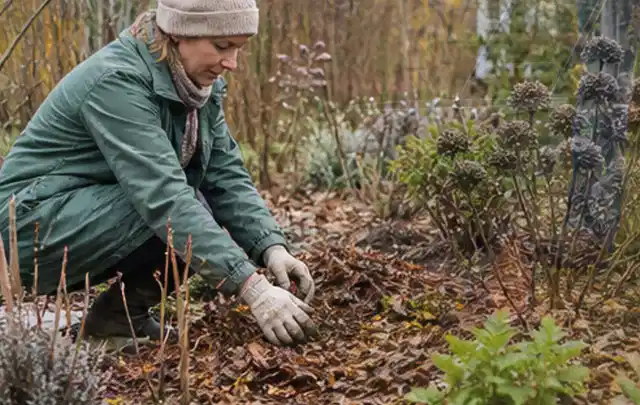 Person verteilt eine schützende Mulchschicht zwischen winterlichen Stauden; Thema Blattläuse, Schwerpunkt Saison; Ergebnis.