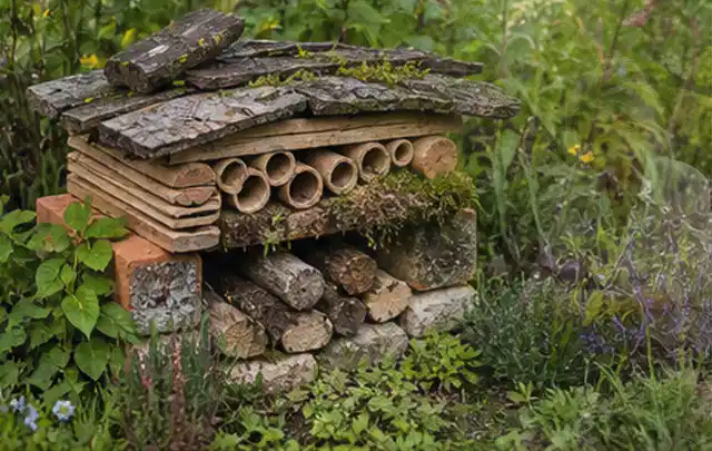 Naturnaher Unterschlupf aus Holz Rinde und Pflanzenstängeln im Garten; Thema Blattläuse, Schwerpunkt Soforthilfe; Kontrolle.