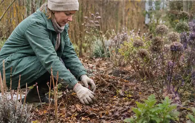 Person verteilt eine schützende Mulchschicht zwischen winterlichen Stauden; Thema Blattläuse, Schwerpunkt Soforthilfe; Ergebnis.