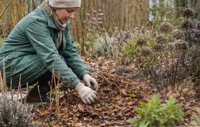 Person verteilt eine schützende Mulchschicht zwischen winterlichen Stauden; Thema Blattläuse, Schwerpunkt Ursachen; Umsetzung.