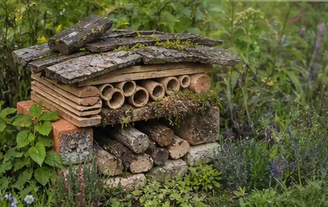 Naturnaher Unterschlupf aus Holz Rinde und Pflanzenstängeln im Garten; Thema Blattläuse, Schwerpunkt Ursachen; Kontrolle.