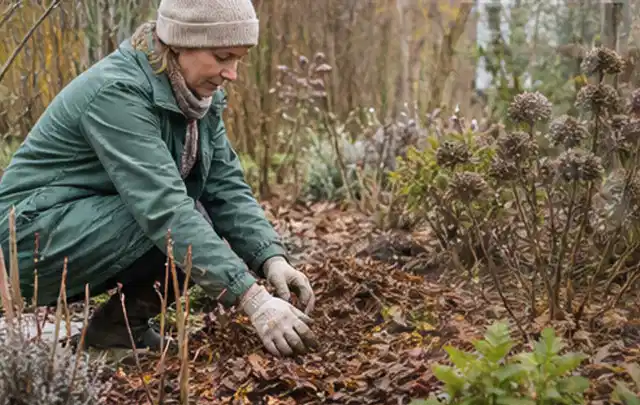 Person verteilt eine schützende Mulchschicht zwischen winterlichen Stauden; Thema Blattläuse, Schwerpunkt Vorbeugung; Umsetzung.