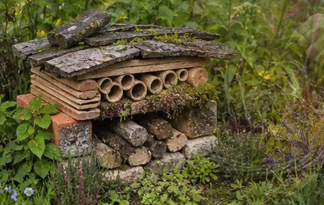 Naturnaher Unterschlupf aus Holz Rinde und Pflanzenstängeln im Garten; Thema Blattläuse, Schwerpunkt Vorbeugung; Praxisalltag.