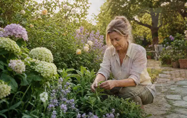 Person pflegt üppige Pflanzen in einem natürlich beleuchteten Garten; Thema Blumen, Schwerpunkt Themenwelt; Umsetzung.