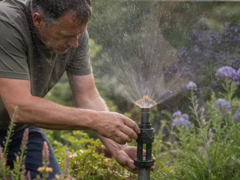 Person richtet einen laufenden Gartensprenger zwischen Stauden präzise aus; Thema Bodendecker, Schwerpunkt Bewässerung; Titelbild.