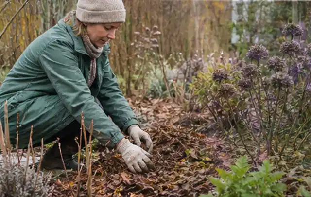Person verteilt eine schützende Mulchschicht zwischen winterlichen Stauden; Thema Bodendecker, Schwerpunkt Bewässerung; Ausgangslage.