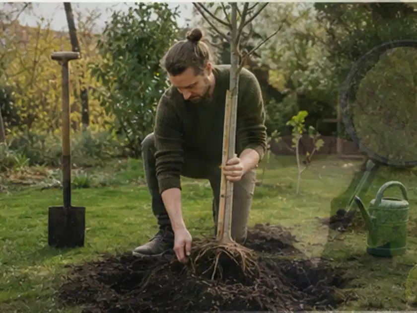 Person setzt einen jungen Zierbaum in ein vorbereitetes Pflanzloch im Garten; Thema Bodendecker, Schwerpunkt Boden; Titelbild.