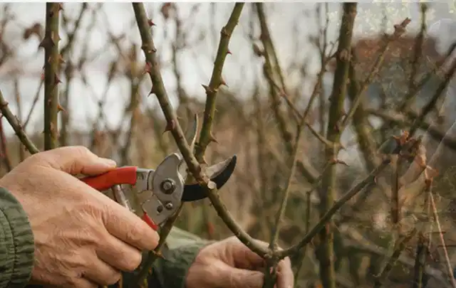 Hände schneiden einen älteren Rosenstrauch mit einer sauberen Gartenschere; Thema Bodendecker, Schwerpunkt Boden; Kontrolle.