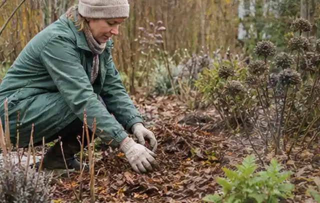 Person verteilt eine schützende Mulchschicht zwischen winterlichen Stauden; Thema Bodendecker, Schwerpunkt Düngung; Ergebnis.