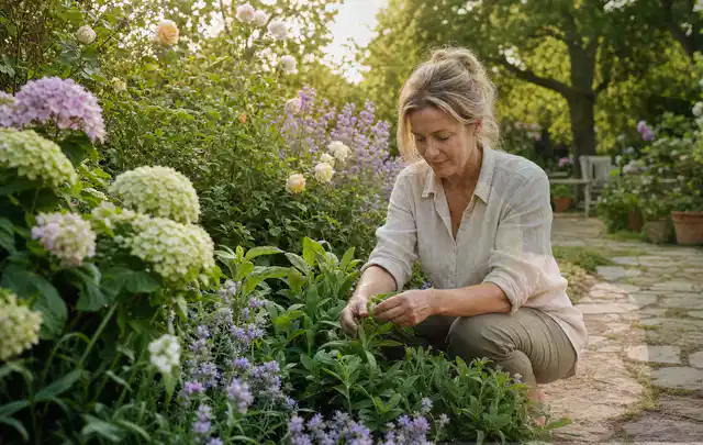 Person pflegt üppige Pflanzen in einem natürlich beleuchteten Garten; Thema Bodendecker, Schwerpunkt Einsteigerwissen; Umsetzung.