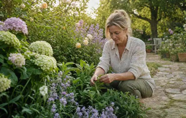 Person pflegt üppige Pflanzen in einem natürlich beleuchteten Garten; Thema Bodendecker, Schwerpunkt Fehlerhilfe; Umsetzung.