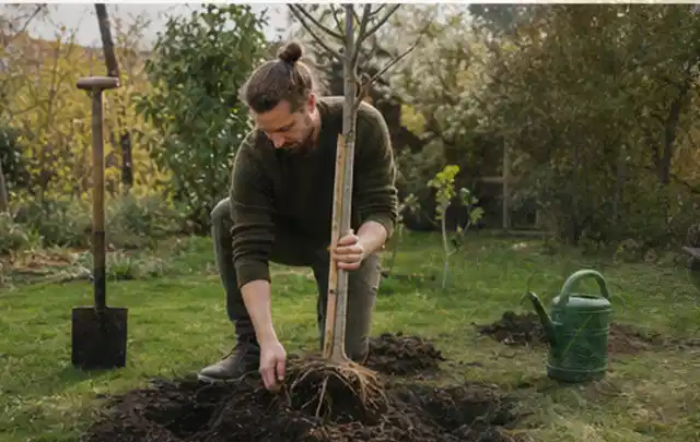 Person setzt einen jungen Zierbaum in ein vorbereitetes Pflanzloch im Garten; Thema Bodendecker, Schwerpunkt Gartenpraxis; Ausgangslage.